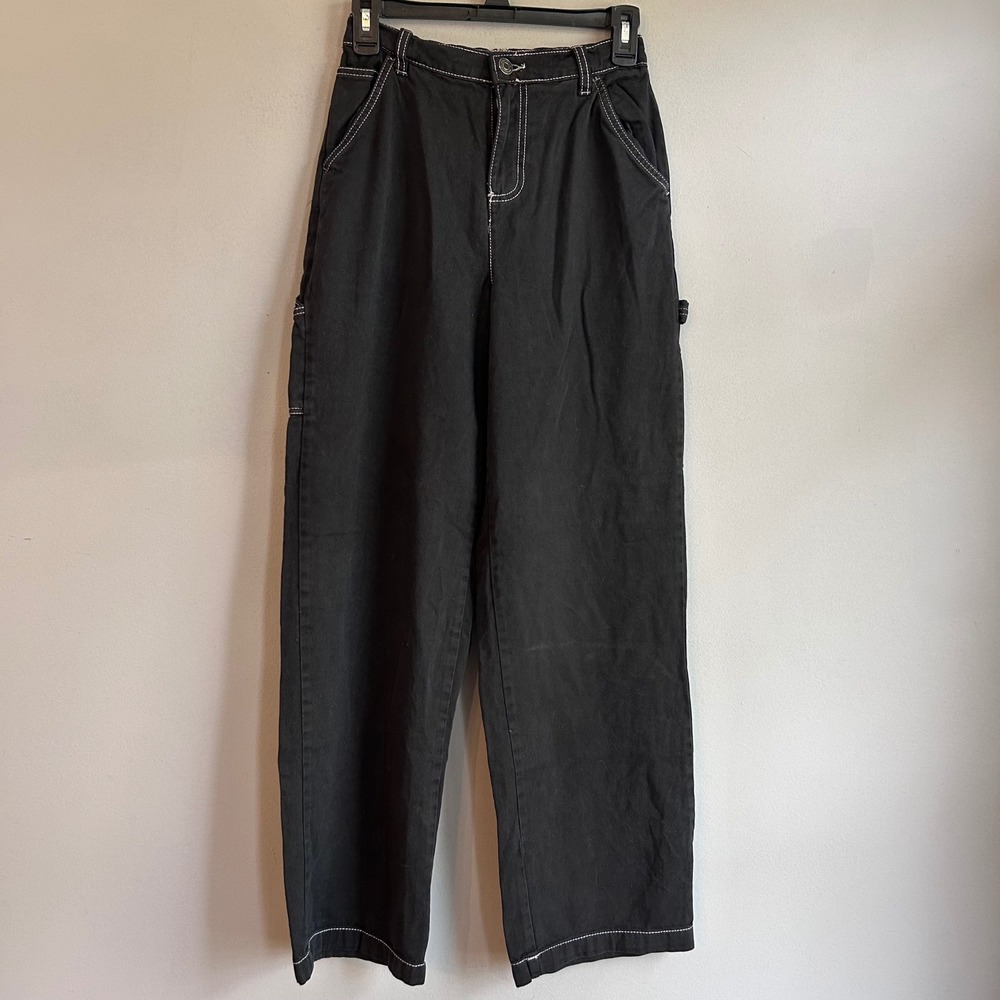 Aeropostale Womens Black Contrast Stitch Carpenter Wide Leg Pants XS Cotton